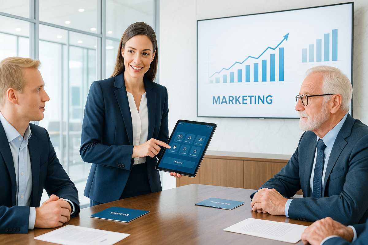 Professionista del marketing bancario presenta soluzioni digitali a clienti in una moderna sala conferenze con grafici finanziari sullo sfondo