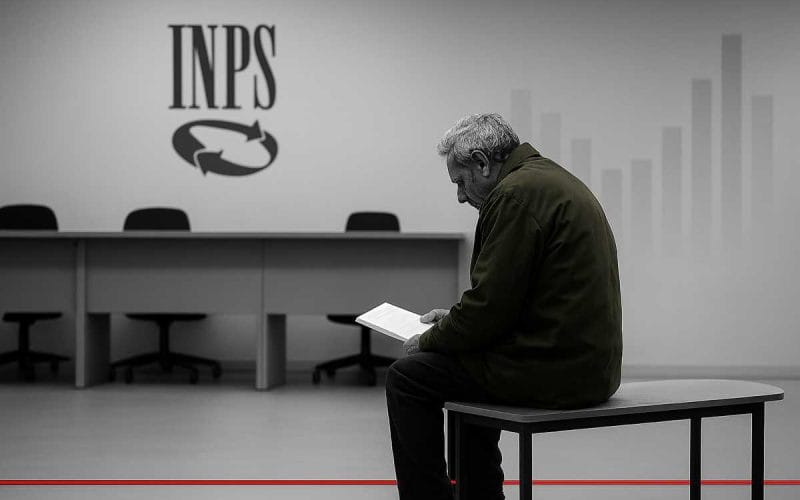 Integrazione al minimo: anziano seduto in attesa in un ufficio INPS mentre consulta documenti relativi a pensioni di invalidità e integrazione al minimo.