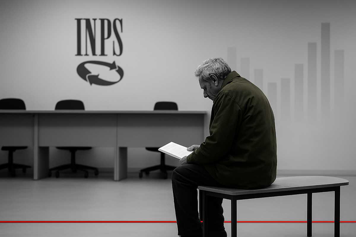 Integrazione al minimo: anziano seduto in attesa in un ufficio INPS mentre consulta documenti relativi a pensioni di invalidità e integrazione al minimo.