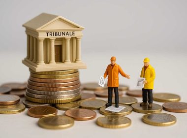 Miniature di operai con documenti davanti a un tribunale su monete in euro