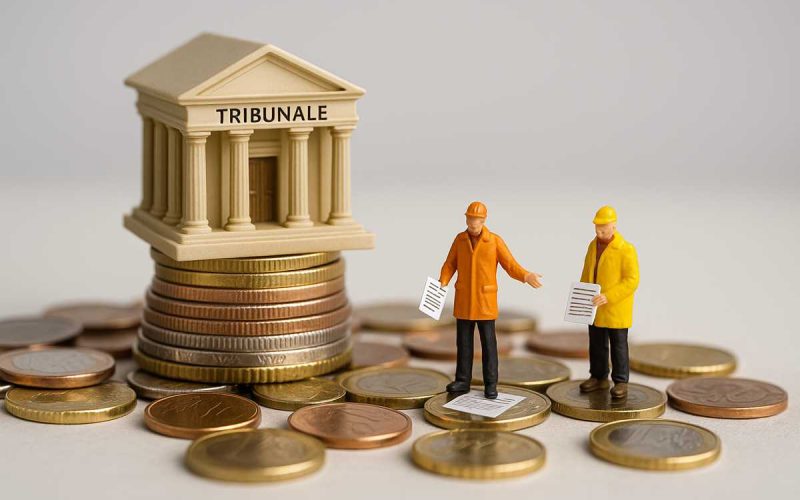 Miniature di operai con documenti davanti a un tribunale su monete in euro