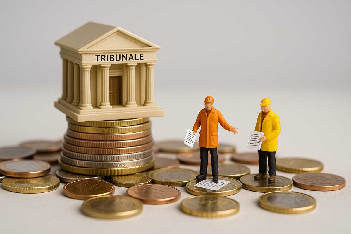 Miniature di operai con documenti davanti a un tribunale su monete in euro