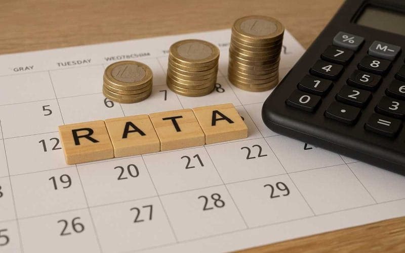 Pila di monete su un calendario accanto a una calcolatrice e blocchi in legno con la scritta “RATA”, simbolo della compensazione fiscale a rate del credito d’imposta Transizione 5.0.