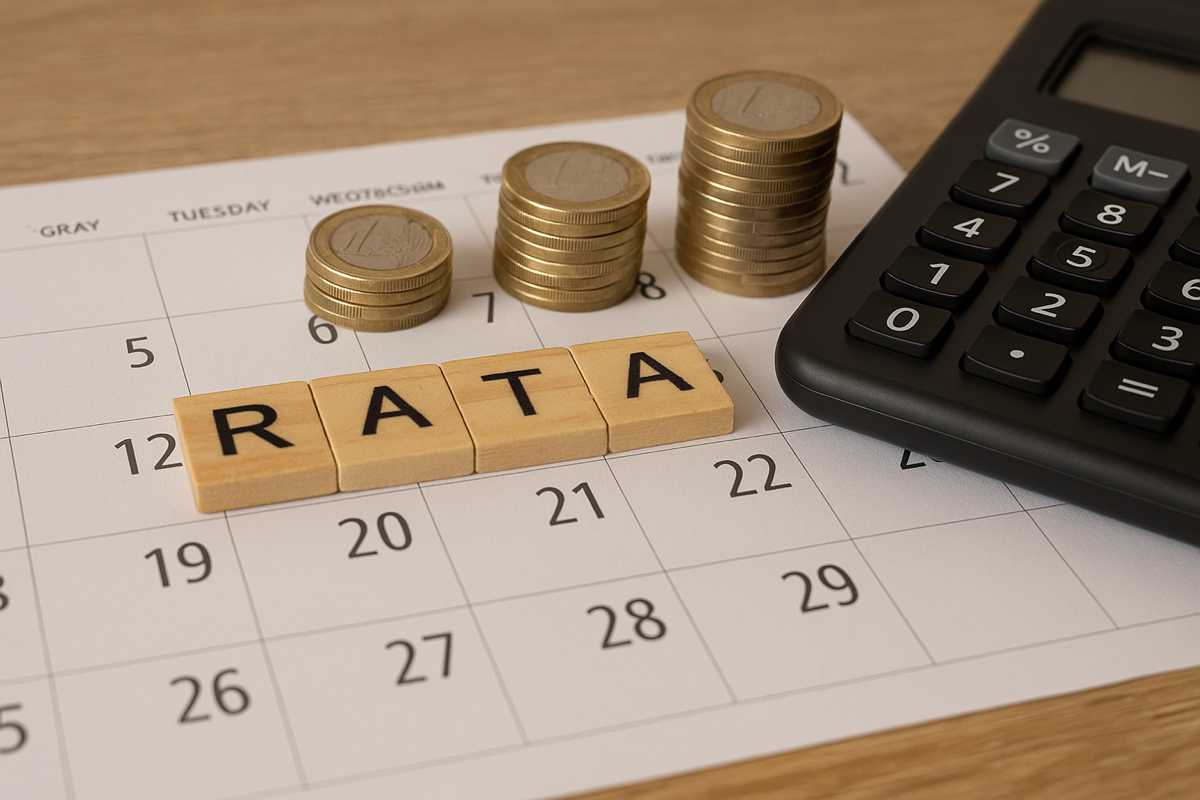 Pila di monete su un calendario accanto a una calcolatrice e blocchi in legno con la scritta “RATA”, simbolo della compensazione fiscale a rate del credito d’imposta Transizione 5.0.