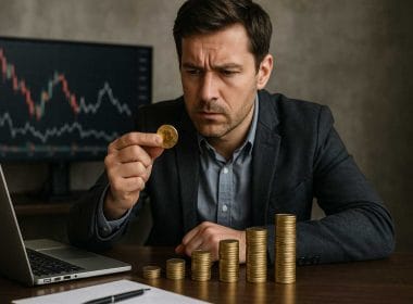 Uomo d’affari osserva attentamente una moneta d’oro davanti a pile di monete crescenti, con grafici finanziari sullo sfondo, concetto di rating bancario e valutazione economica.