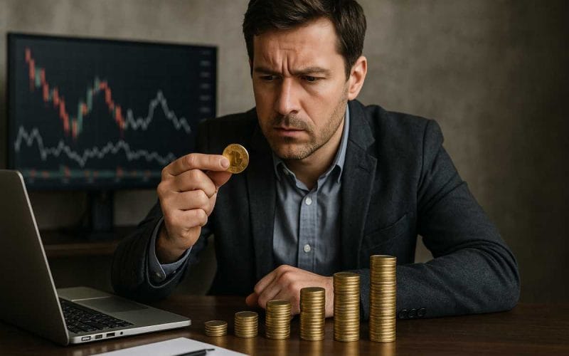 Uomo d’affari osserva attentamente una moneta d’oro davanti a pile di monete crescenti, con grafici finanziari sullo sfondo, concetto di rating bancario e valutazione economica.