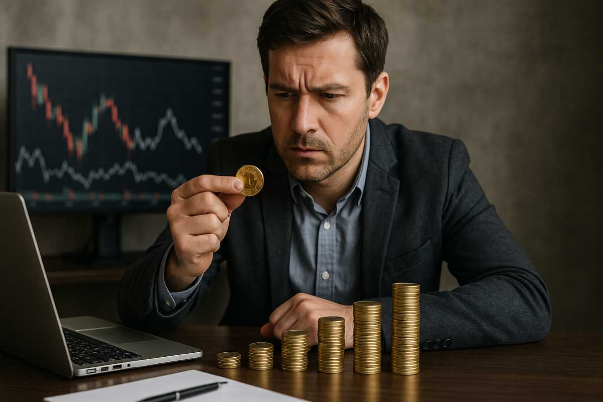 Uomo d’affari osserva attentamente una moneta d’oro davanti a pile di monete crescenti, con grafici finanziari sullo sfondo, concetto di rating bancario e valutazione economica.