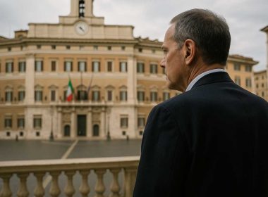 Uomo di mezza età osserva il Parlamento italiano mentre riflette sulla pensione