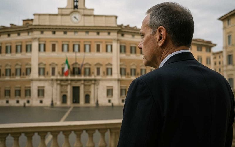 Uomo di mezza età osserva il Parlamento italiano mentre riflette sulla pensione