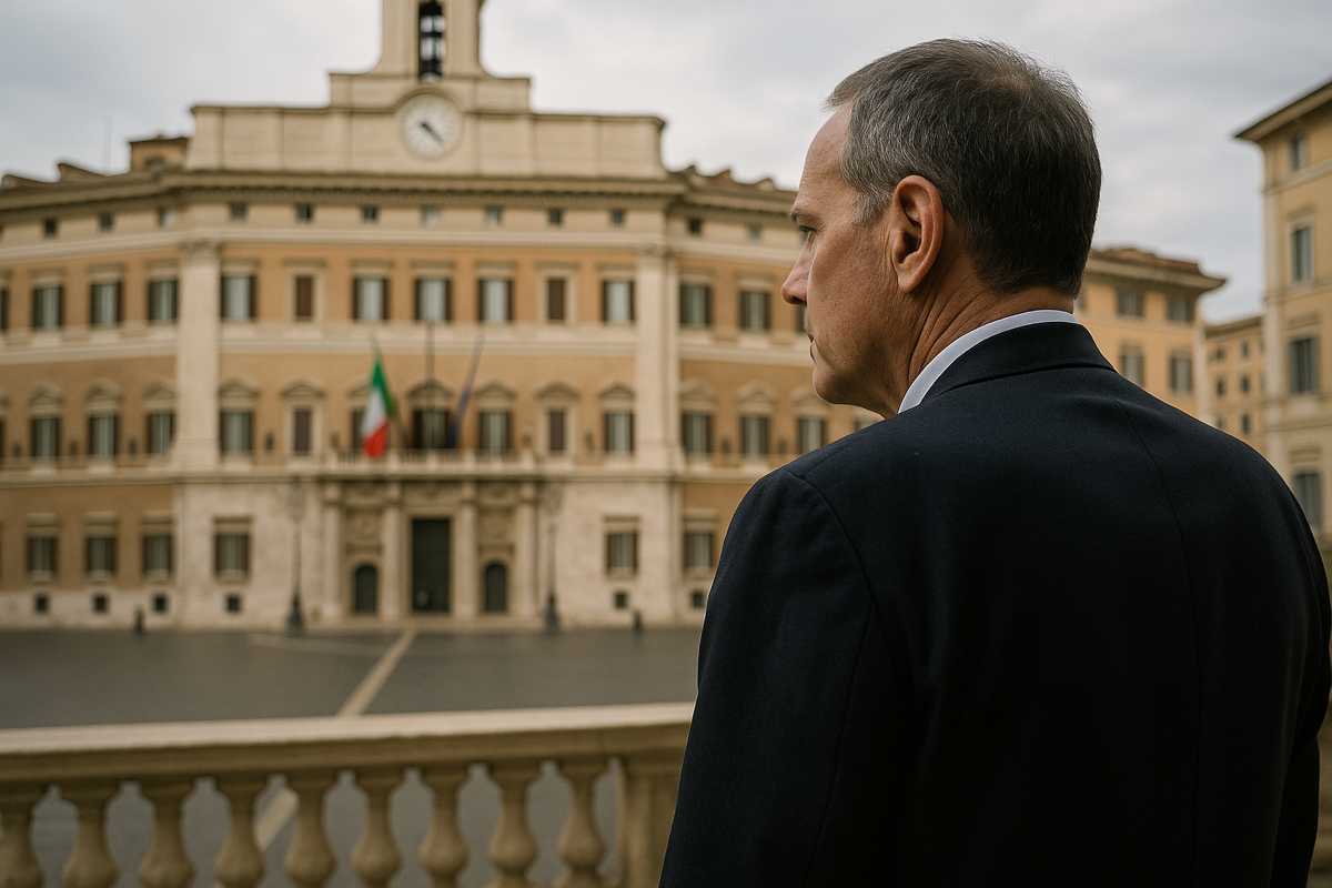 Uomo di mezza età osserva il Parlamento italiano mentre riflette sulla pensione