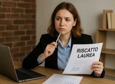 Donna pensierosa al lavoro mentre valuta il riscatto della laurea