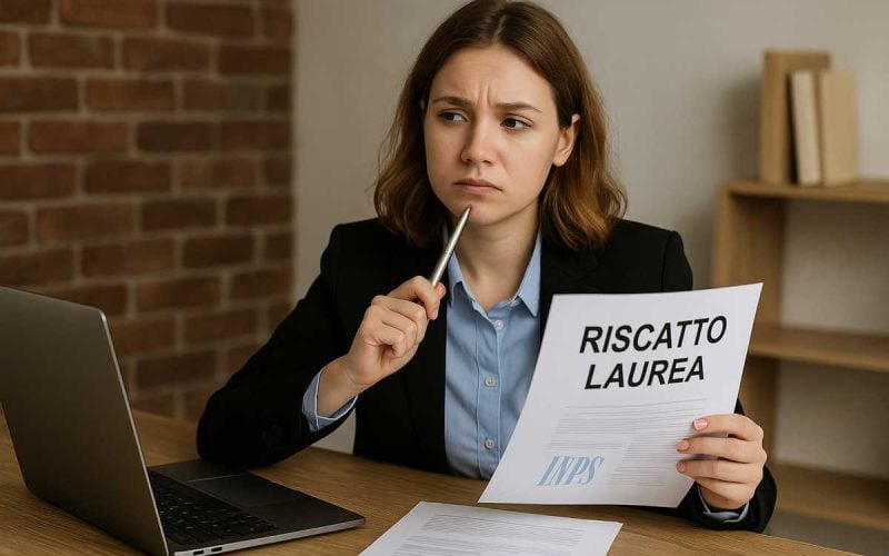 Donna pensierosa al lavoro mentre valuta il riscatto della laurea