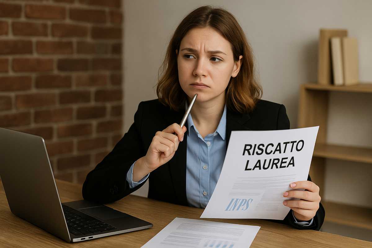 Donna pensierosa al lavoro mentre valuta il riscatto della laurea