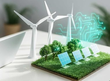 Modello in miniatura con pannelli solari e turbine eoliche, simbolo della Transizione 5.0 e dell’efficienza energetica.