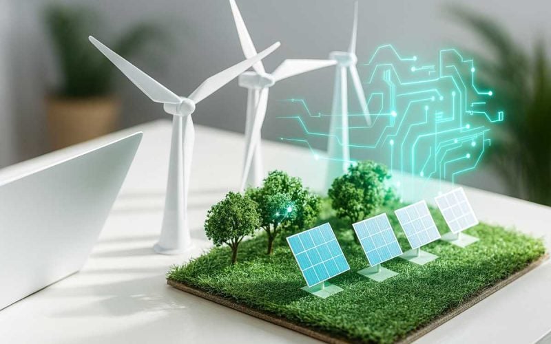 Modello in miniatura con pannelli solari e turbine eoliche, simbolo della Transizione 5.0 e dell’efficienza energetica.