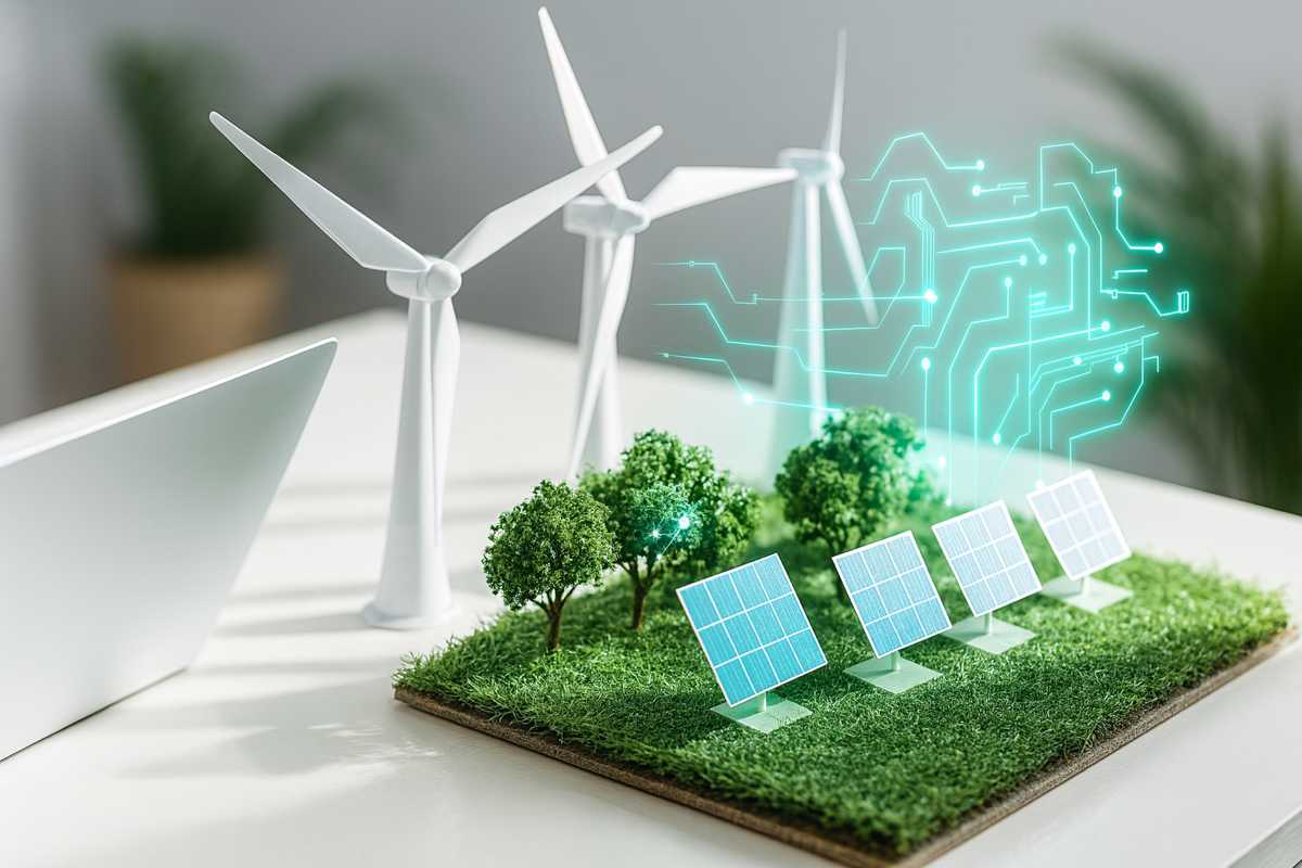 Modello in miniatura con pannelli solari e turbine eoliche, simbolo della Transizione 5.0 e dell’efficienza energetica.