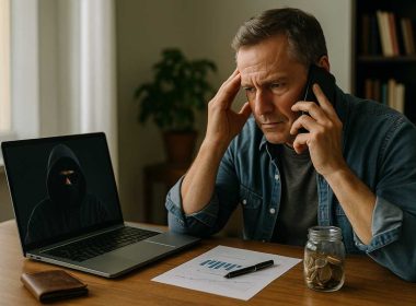Uomo al computer vittima di truffa finanziaria online