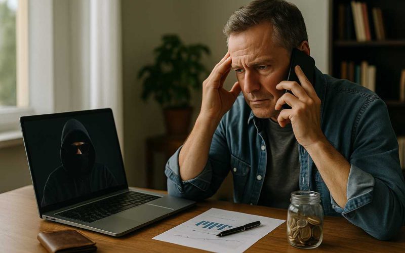 Uomo al computer vittima di truffa finanziaria online