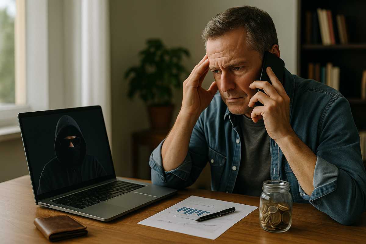 Uomo al computer vittima di truffa finanziaria online