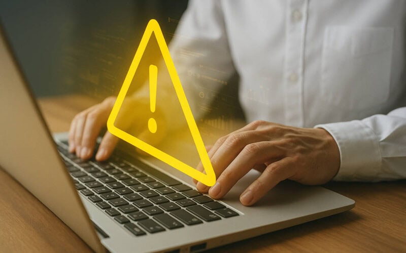 Persona al computer con simbolo di allerta per polizze fidejussorie fraudolente