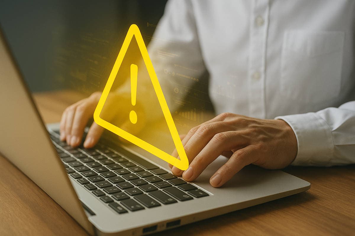 Persona al computer con simbolo di allerta per polizze fidejussorie fraudolente