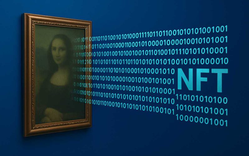 Arte digitale e finanza del futuro. Illustrazione digitale di un quadro della Gioconda in cornice dorata con codice binario e scritta NFT su sfondo blu elettrico