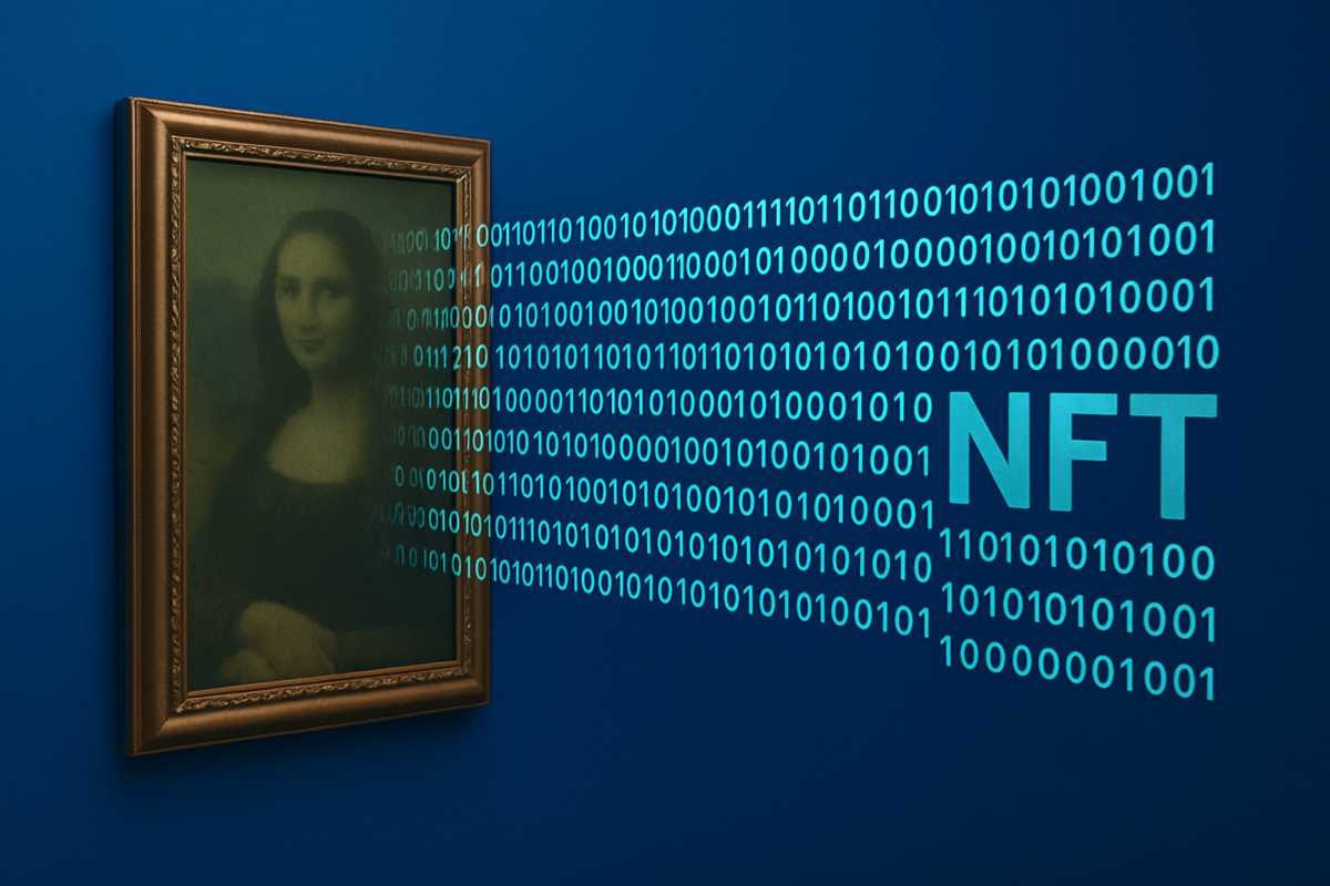 Arte digitale e finanza del futuro. Illustrazione digitale di un quadro della Gioconda in cornice dorata con codice binario e scritta NFT su sfondo blu elettrico