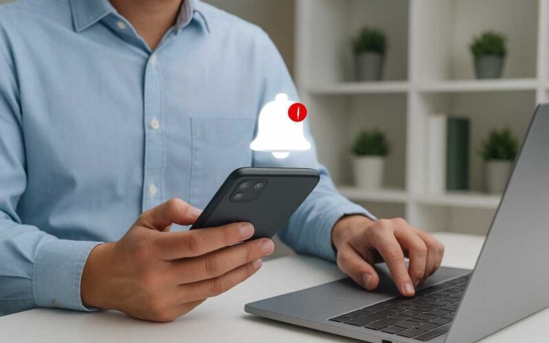 Truffe Instagram e WhatsApp. Uomo che controlla notifiche sullo smartphone davanti a un laptop, simbolo di clone Instagram e possibili truffe online.