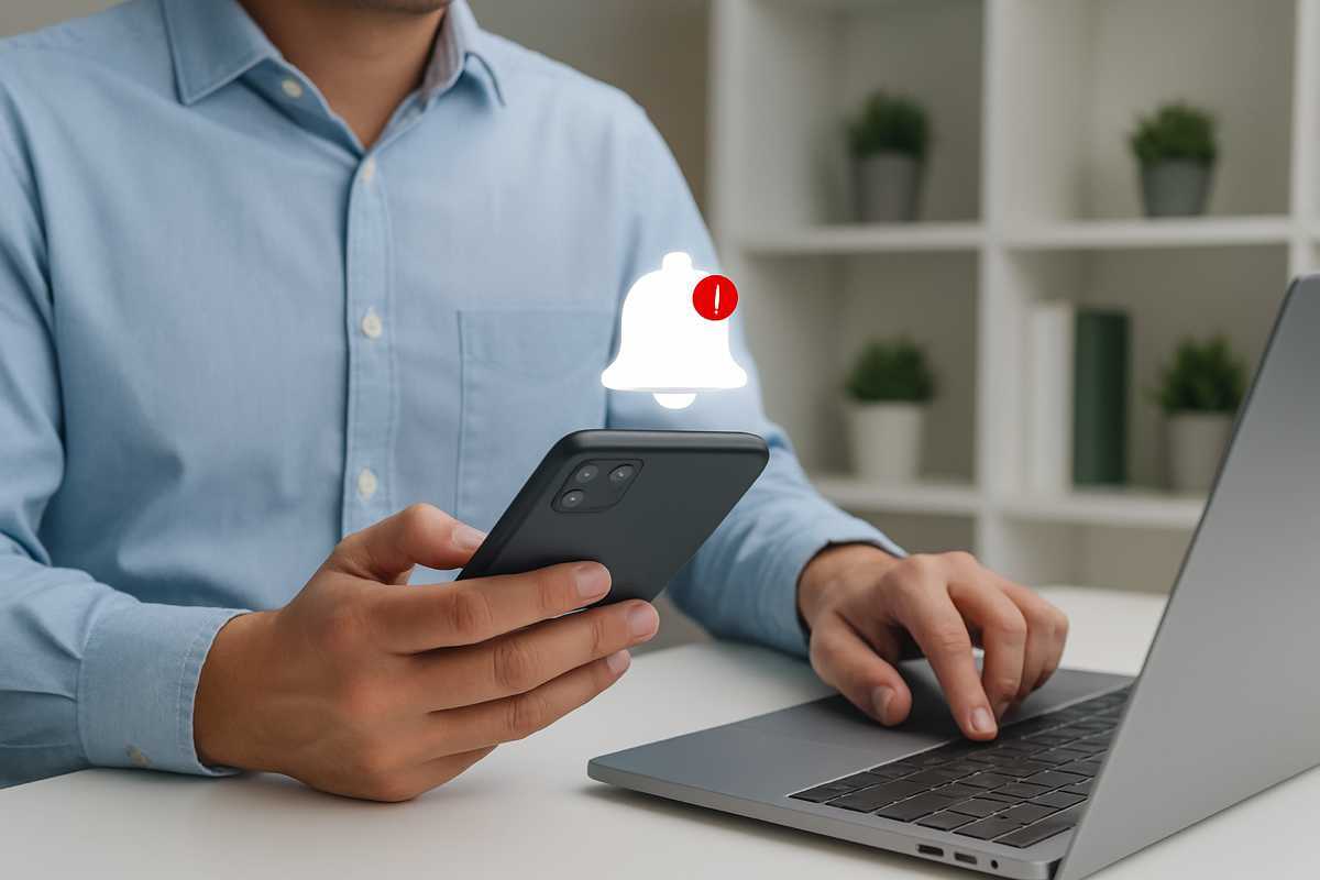 Truffe Instagram e WhatsApp. Uomo che controlla notifiche sullo smartphone davanti a un laptop, simbolo di clone Instagram e possibili truffe online.