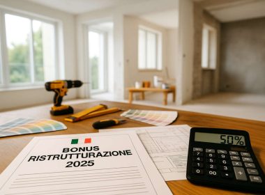 Documenti ufficiali con scritta Bonus Ristrutturazione 2025 su un tavolo di lavoro, accanto a calcolatrice con detrazione 50%, attrezzi da costruzione e campioni colore, simbolo delle agevolazioni fiscali per le ristrutturazioni in Italia.