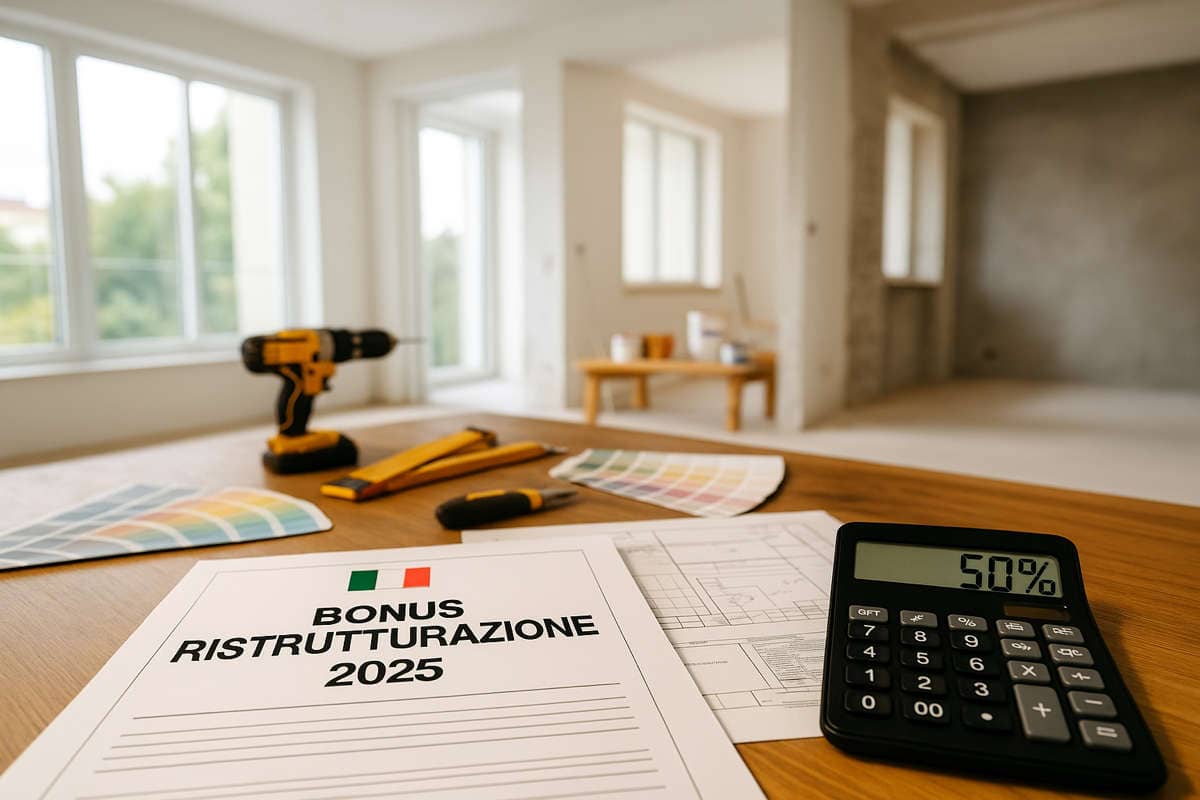 Documenti ufficiali con scritta Bonus Ristrutturazione 2025 su un tavolo di lavoro, accanto a calcolatrice con detrazione 50%, attrezzi da costruzione e campioni colore, simbolo delle agevolazioni fiscali per le ristrutturazioni in Italia.