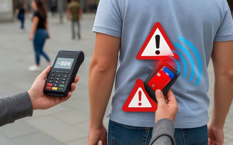 Borseggio 2.0 con POS mobile contactless che preleva denaro da carta in tasca