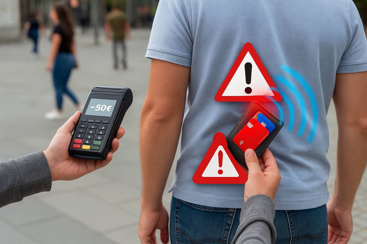 Borseggio 2.0 con POS mobile contactless che preleva denaro da carta in tasca