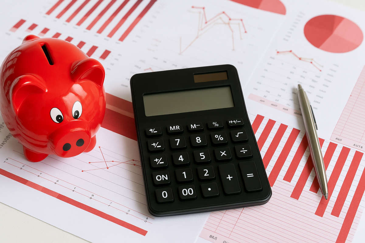 Salvadanaio rosso e calcolatrice su grafici finanziari, simbolo dei contributi figurativi gratuiti per la pensione INPS.