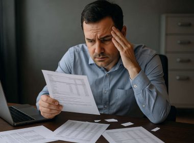 Uomo in ufficio che controlla documenti e buste paga con espressione preoccupata, simbolo dei contributi non versati dal datore di lavoro