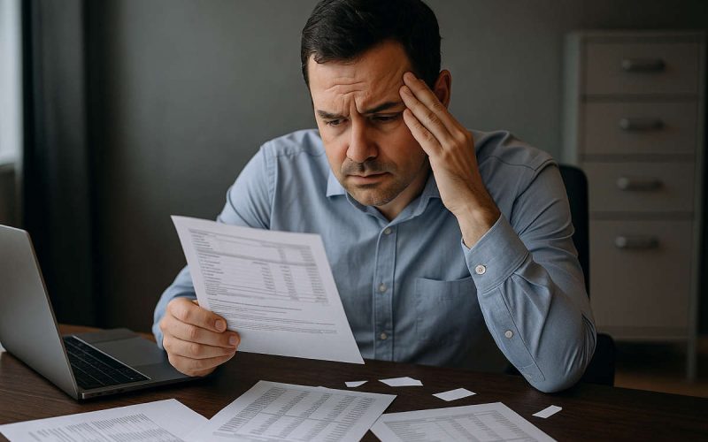 Uomo in ufficio che controlla documenti e buste paga con espressione preoccupata, simbolo dei contributi non versati dal datore di lavoro