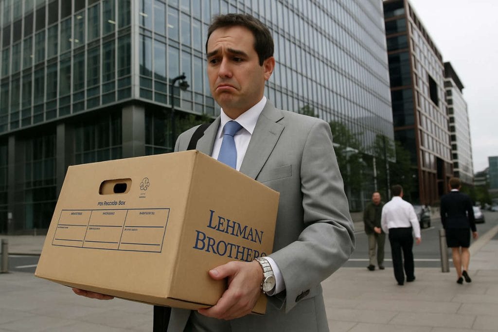 Uomo d’affari in giacca grigia con espressione delusa che porta una scatola con il logo Lehman Brothers davanti a un palazzo di vetro, simbolo della crisi finanziaria.