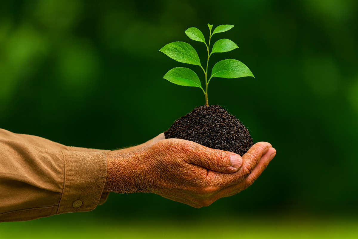 Mani che tengono una piantina con radici e terreno, simbolo di responsabilità ambientale e due diligence nelle valutazioni di sostenibilità aziendale.