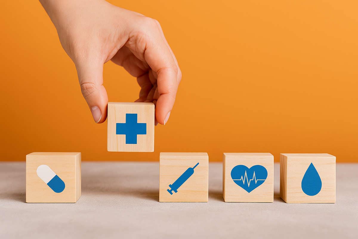 Blocchi di legno con simboli sanitari e mano femminile che solleva un cubo con croce blu, concetto di esigenze mediche insoddisfatte e difficoltà di accesso alle cure.