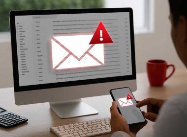 Persona riceve email phishing falsi rimborsi fiscali su computer e smartphone