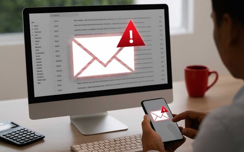 Persona riceve email phishing falsi rimborsi fiscali su computer e smartphone