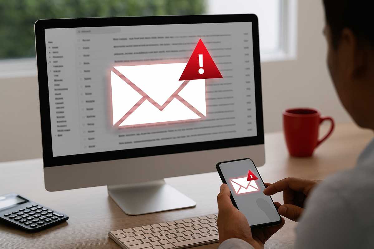 Persona riceve email phishing falsi rimborsi fiscali su computer e smartphone