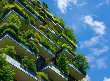 Facciata di edificio moderno con balconi verdi e piante rigogliose, simbolo del Green Deal e della sostenibilità urbana.