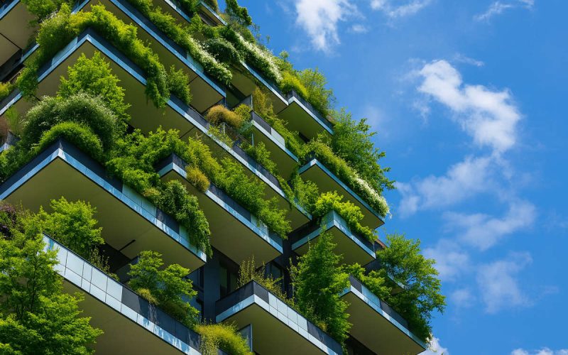 Facciata di edificio moderno con balconi verdi e piante rigogliose, simbolo del Green Deal e della sostenibilità urbana.