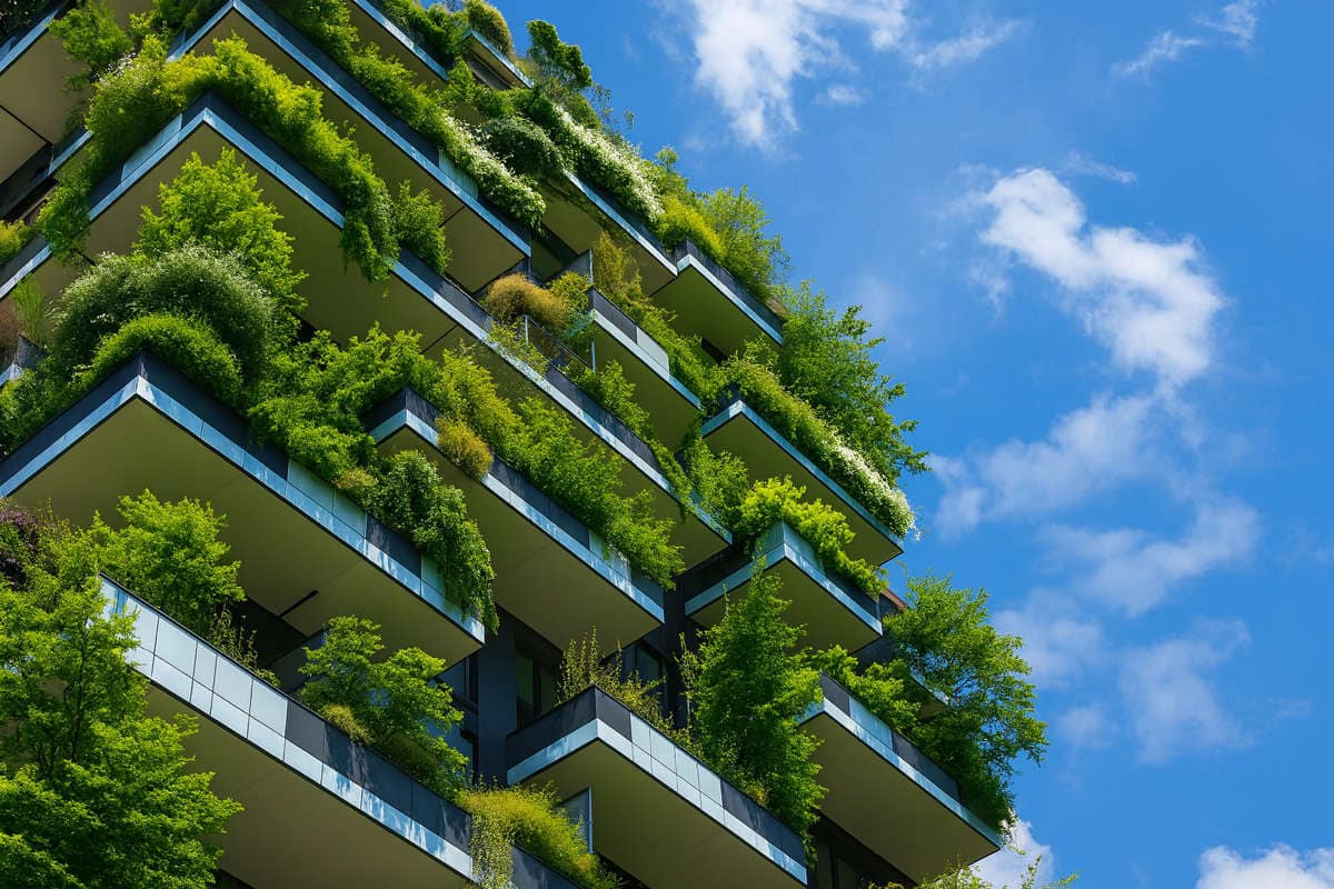 Facciata di edificio moderno con balconi verdi e piante rigogliose, simbolo del Green Deal e della sostenibilità urbana.