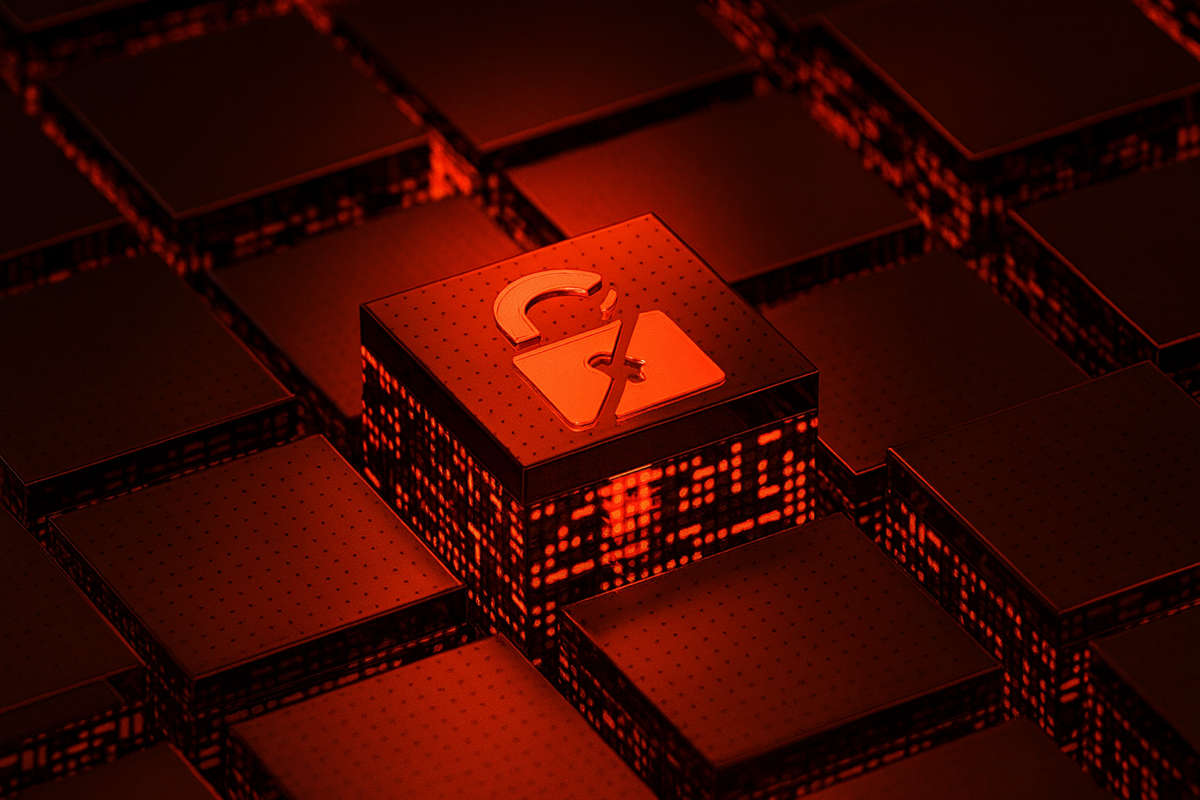 Rappresentazione digitale di un lucchetto rotto su blocchi tecnologici rossi, simbolo del rischio cyber post-pandemia e delle vulnerabilità informatiche delle imprese.