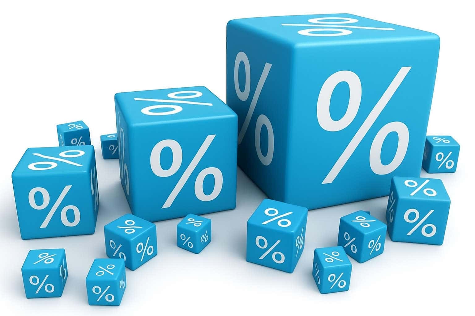 Cubi blu con simbolo di percentuale, rappresentazione visiva delle obbligazioni e dei rendimenti legati ai titoli di debito.
