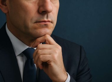 Primo piano di un uomo in abito elegante con mento da CEO in posa riflessiva
