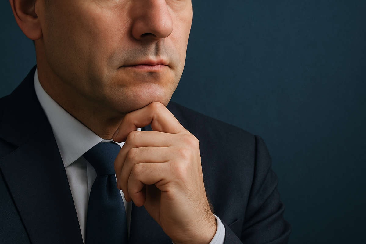 Primo piano di un uomo in abito elegante con mento da CEO in posa riflessiva