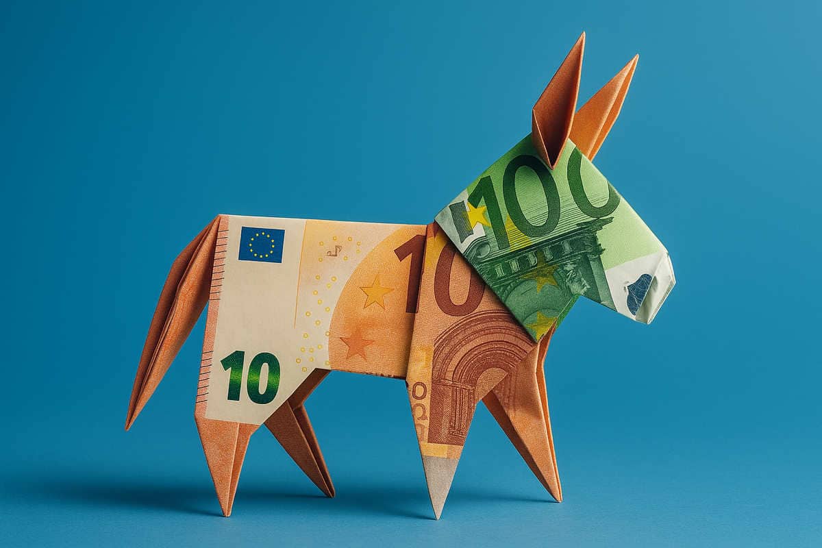 Origami mulo con banconote euro illustra truffa WhatsApp money muling